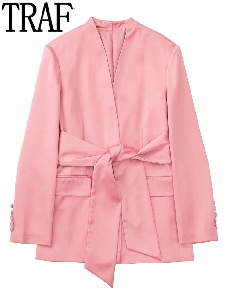 

TRAF 2022 Pink Satin Blazer Women Office Wear Elegant Female Blazer Set Belt Long Sleeve Jacket Suits Woman Fashion Jackets