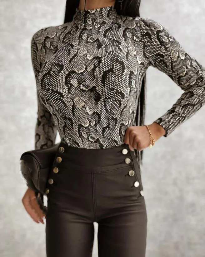 

Женские облегающие топы с принтом змеиной кожи, боди с длинным рукавом, повседневные Пуловеры со змеиным принтом и ложным воротником для девочек