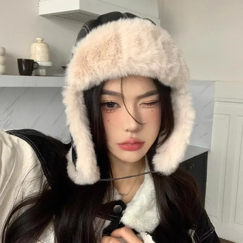 Ушанка женская осенне-зимняя утолщенная теплая кожаная плюшевая шапка Tide для