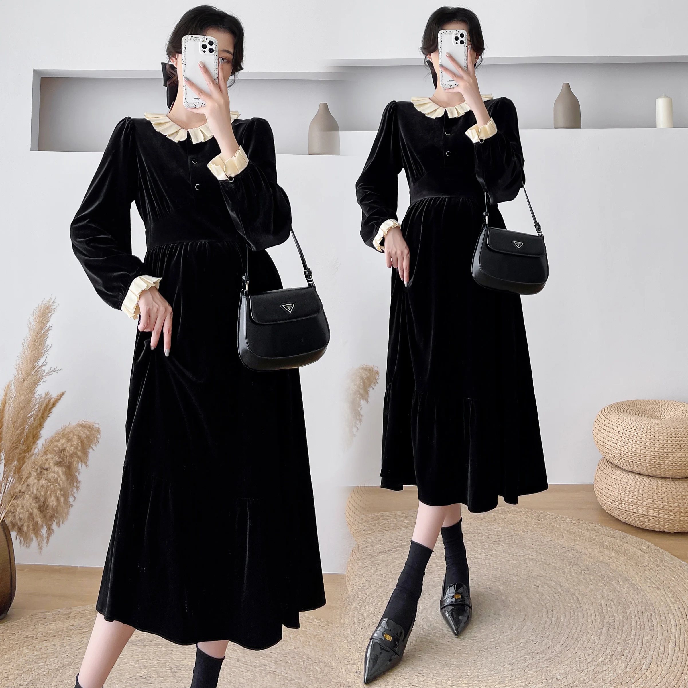 

8331# Autumn Winter Velvet Maternity Long Dress Elegant A Line Slim Clothes for Pregnant Women Chic Ins Pregnancy Clothing