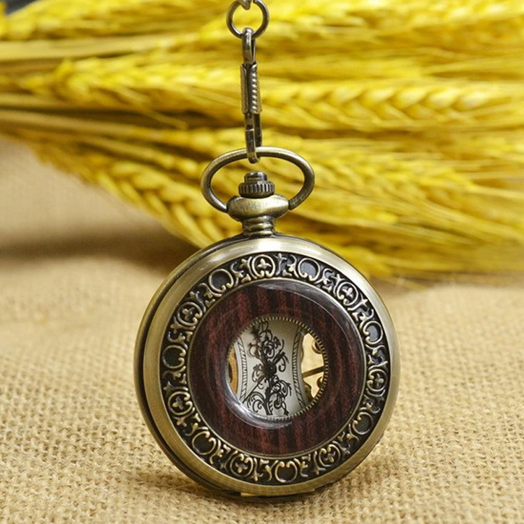 Luxury Vintage Mechanical Pocket Watch for Men Women Wood Grain Wave Roman Numeral Dial Fob Chain Pendant Clock for Collection
