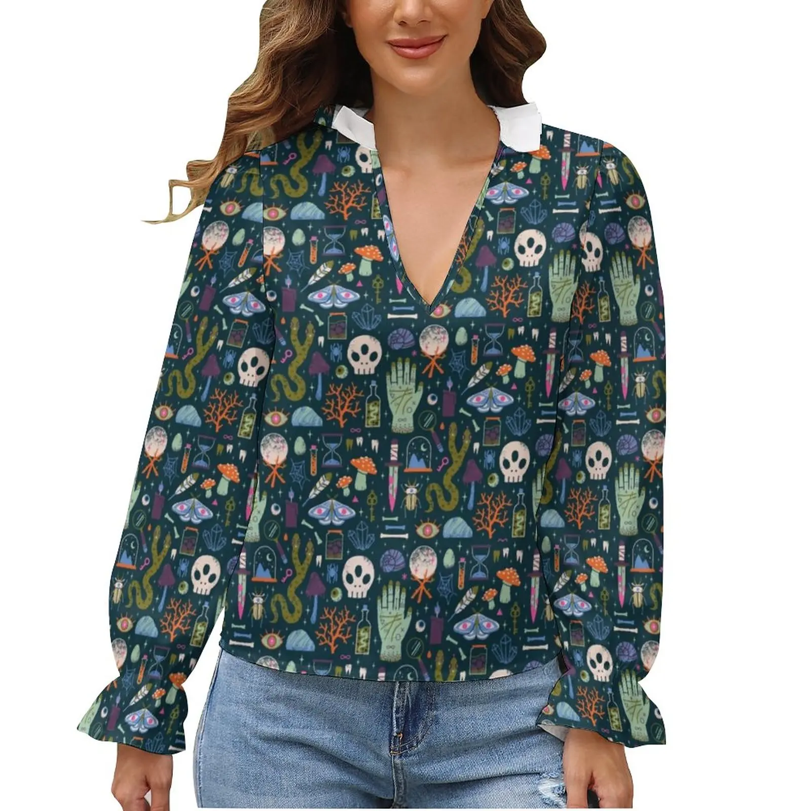 

Halloween Blouse Creepy Puffy V Neck Sweet Social Shirt Woman Korean Style Shirts