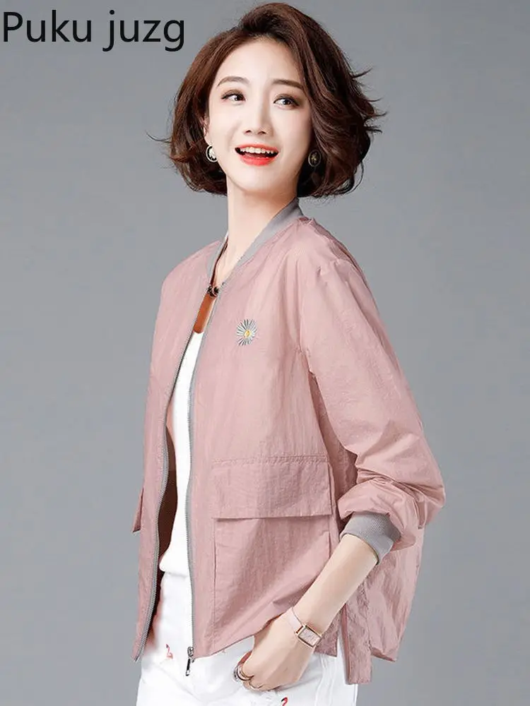 

Puku Juzg Sun Protection Clothing Women's Thin 2022 Spring Loose Small Daisy Embroidery Jacket Short Breathable Running Jackets