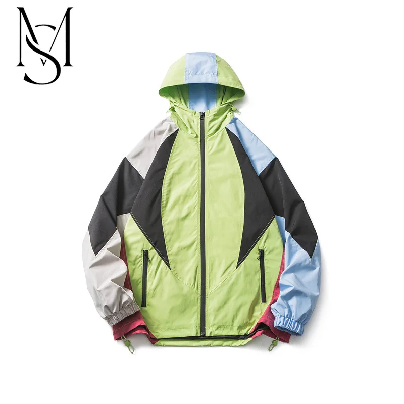 

Style list spring new fashion brand contrast color patchwork hooded jumpsuit men outdoor leisure mountain style functional