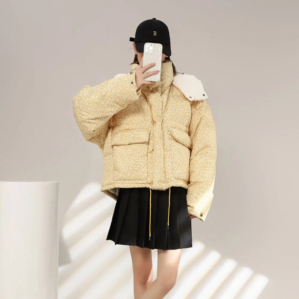 

Женский короткий пуховик с цветочным принтом, повседневное толстое пальто на белом утином пуху с капюшоном, новинка зимы 2023