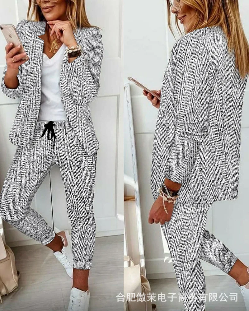 

Women Casual Two-piece Suit Wear Notched Collar Long-sleeved Suit Jacket Casual Pants Office Work Clothes