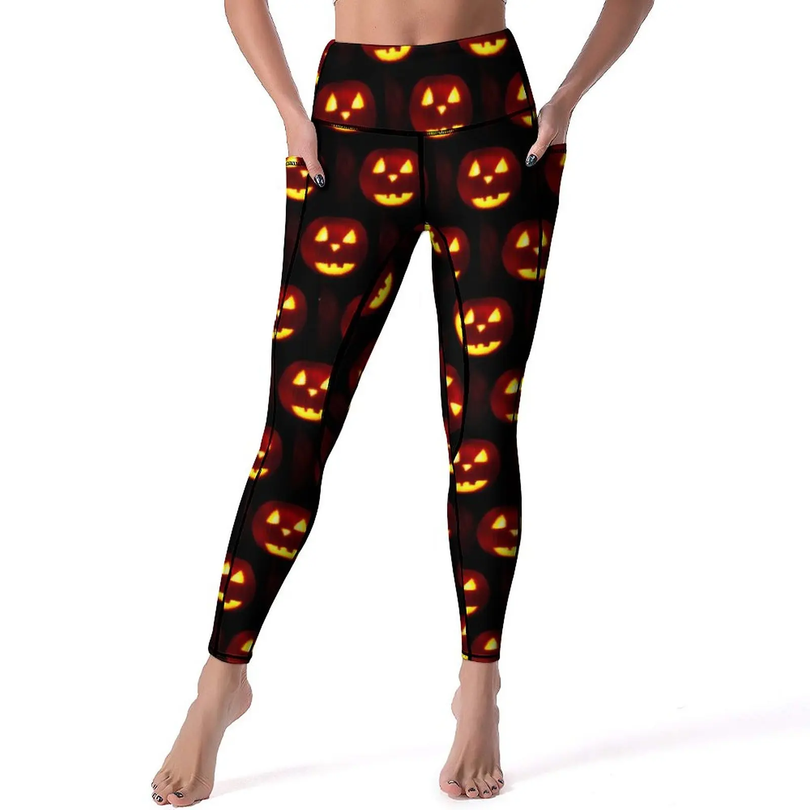 

Pumpkin Print Yoga Pants Pockets Traditional Halloween Leggings Sexy Push Up Retro Yoga Sports Tights Fitness Running Leggins