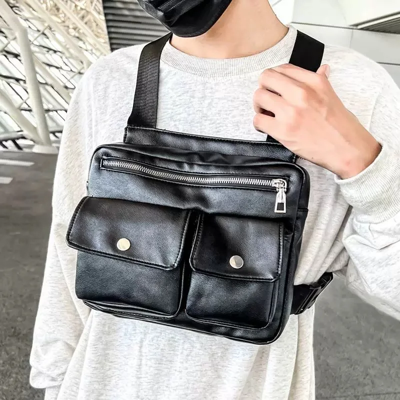 Leather Functional Tactical Chest Bag For Men Fashion Streetwear Hip Hop Vest Bag Casual Waist Pack Black Brand Man Back Rig Bag