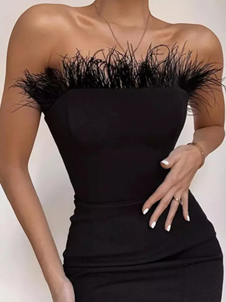 

Женское платье-миди без бретелек, черное облегающее платье с открытой спиной и перьями, дизайнерское модное Клубное платье для вечерние, лето 2022