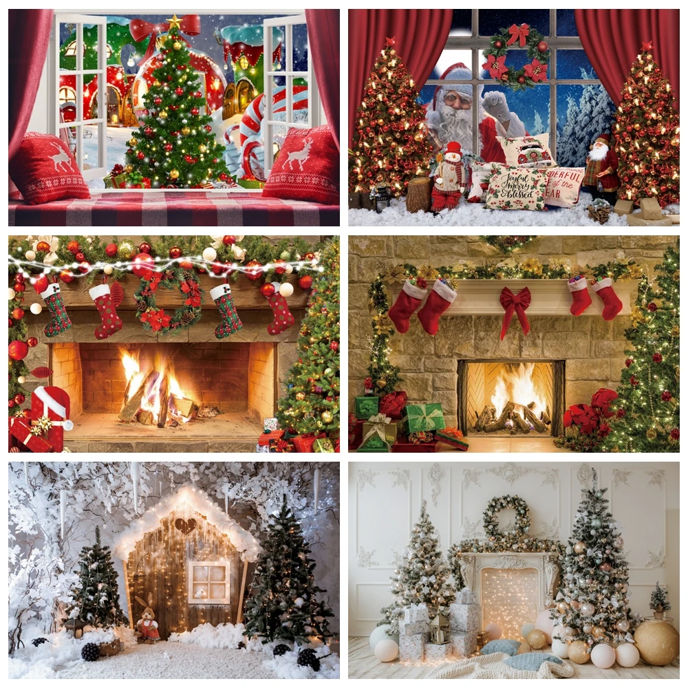 Рождественский фон для фотосъемки окно дерево подарок ребенок портрет вечерние