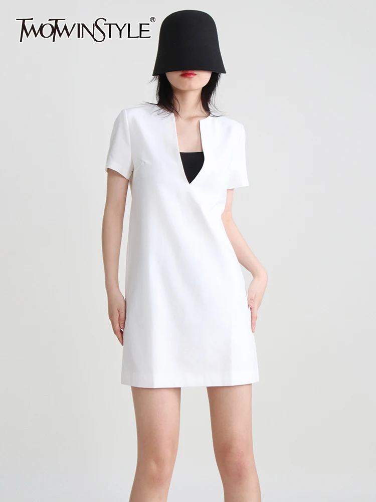 

Женское минималистичное платье TWOTWINSTYLE, белое элегантное облегающее платье с круглым вырезом, короткими рукавами и высокой талией на лето ...