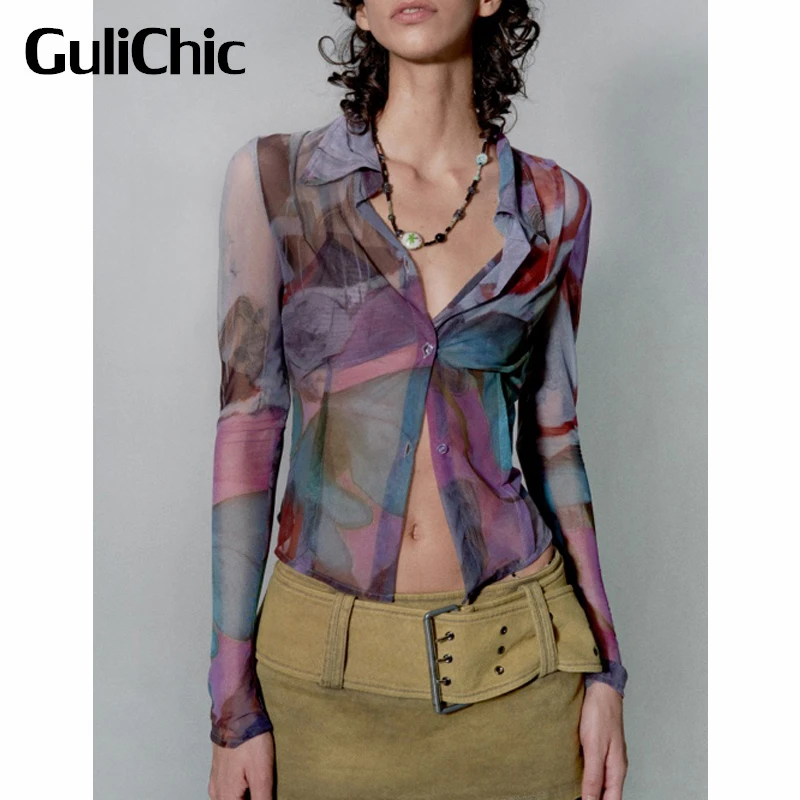 

6.16 GuliChic Women Temperament Pattern Print Single Breasted Long Sleeve Short Mesh See Through Shirt