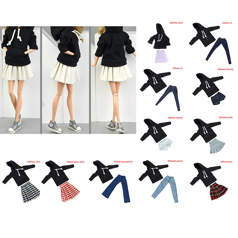 1set Winter Warm Black Long Sleeve Tops + White Short Mini Dress Outfits Clothes For Doll Set Clothes For 1/6 BJD Dolls House