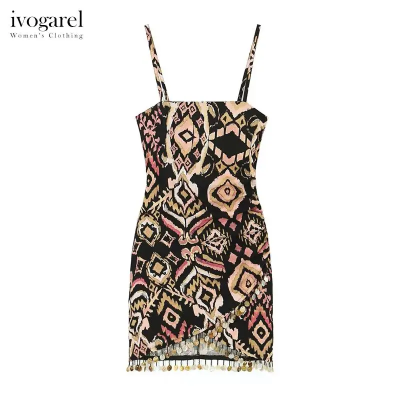 

Ivogarel Boho Vintage Aesthetic Printed Mini Dress with Coins Women's Slip Dress in Cotton Straight-Cut Neckline Side Gathered