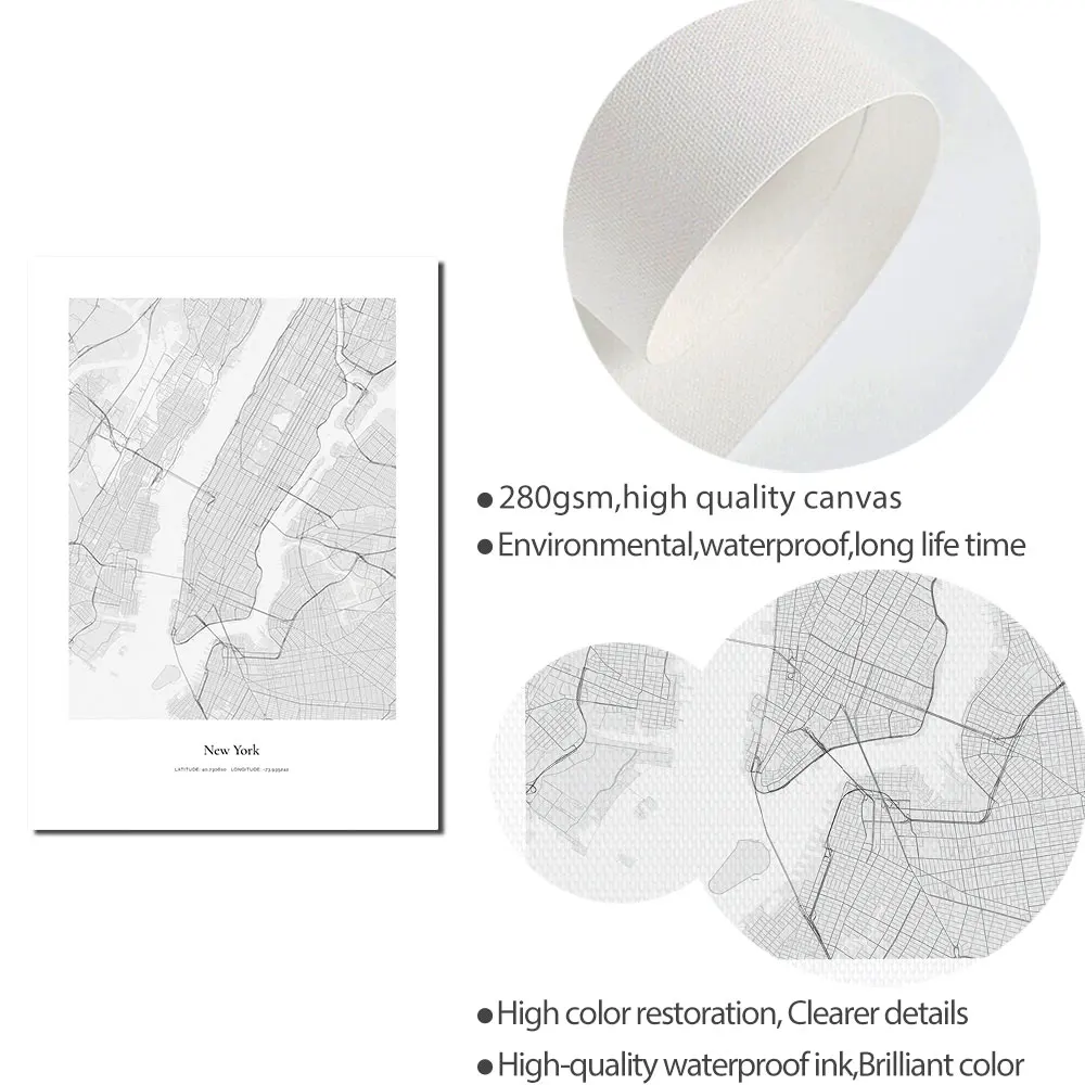 Лондон Нью-Йорк Токио карта стокгольского города черно-белый Принт настенная