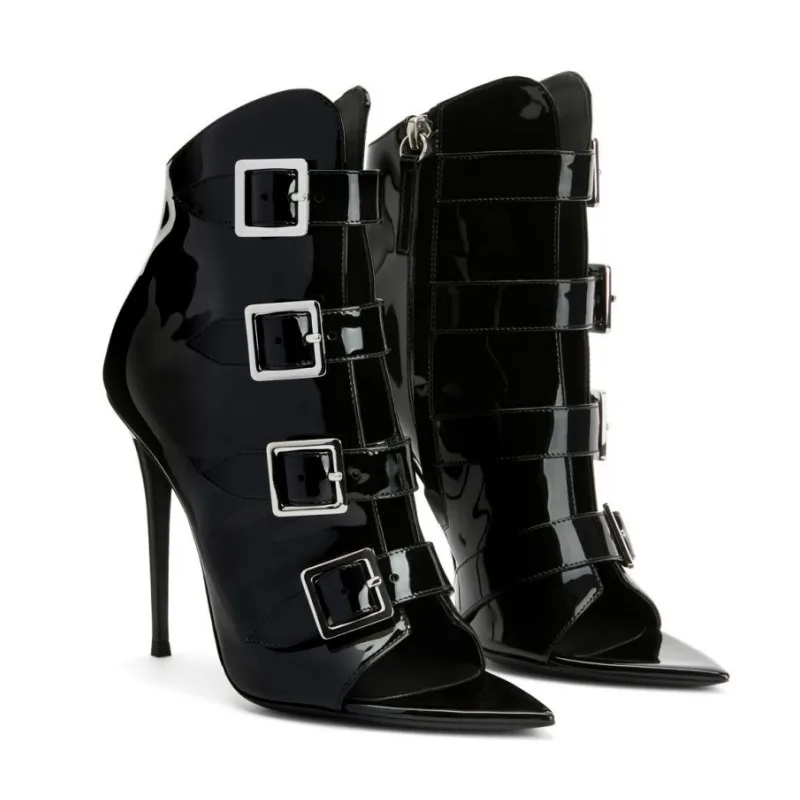

2023 Summer Fashion New Black Mirror Leather Ankle Boots Women Back Zip Metal Belt Buckle Stilettos Pointed Hollow Shoes Size 45