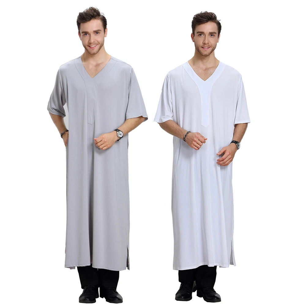 Middle East Muslim Robe Dubai Arabian Men's Loose Casual V-Neck T-Shirt Dress Islamic Traditional Ethnic Long Short-sleeved Top