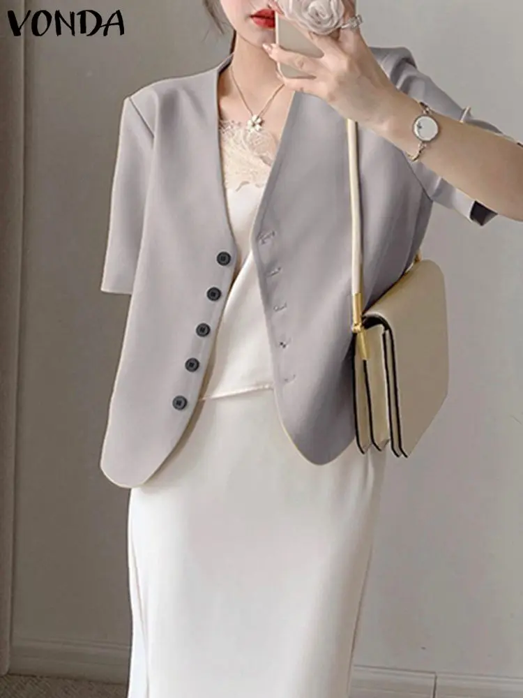 Elegant Lady Office Coat Women Blazer 2023 VONDA Fashion Casual Short Sleeve Blazer Button Outerwear Fashion Overcoat Oversized