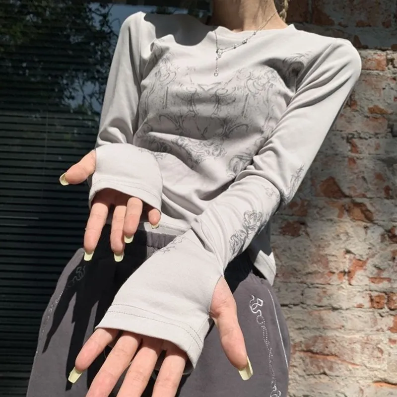 

Print Tunic Grunge Woman Clothing Fashion Casual Crop Tops Vintage Women Clothes Y2K T-shirts 2022 Blusas O-neck Long Sleeve