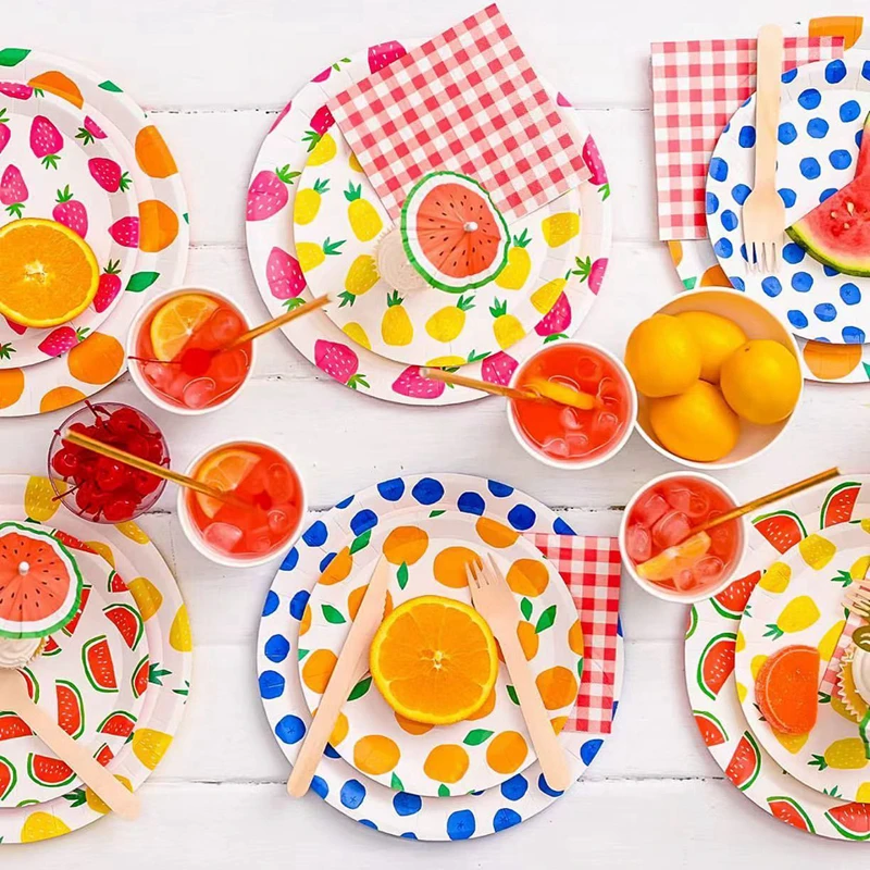 

Fruits Disposable Tableware Paper Pineapple Watermelon Strawberry Lemon Cups Plates Cake Toppers for Summer Fruit Party Supply