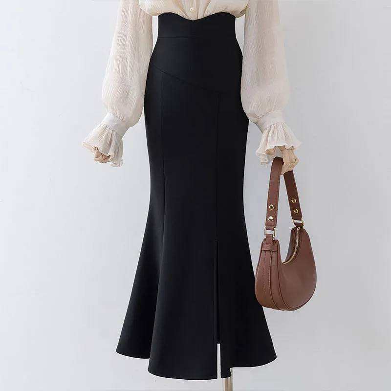 

Elegant Fashion Temperament High Slit Hem Hip Skirt Office Lady Dignified Waist Streetwear Irregular Skirts Chic A-line Skirt