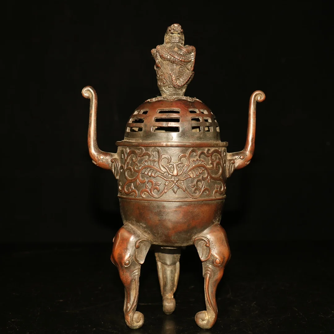 

10"Tibetan Temple Collection Old Bronze Cinnabar mud gold Long Gai trunk binaural three-legged incense burner Town house