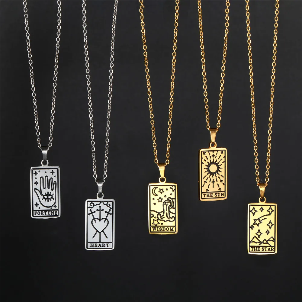 

Cross Border Hot Sell Tarot Pendant Necklace Female Niche Design Titanium Steel Necklace Color Plating Necklace Clavicle Chain