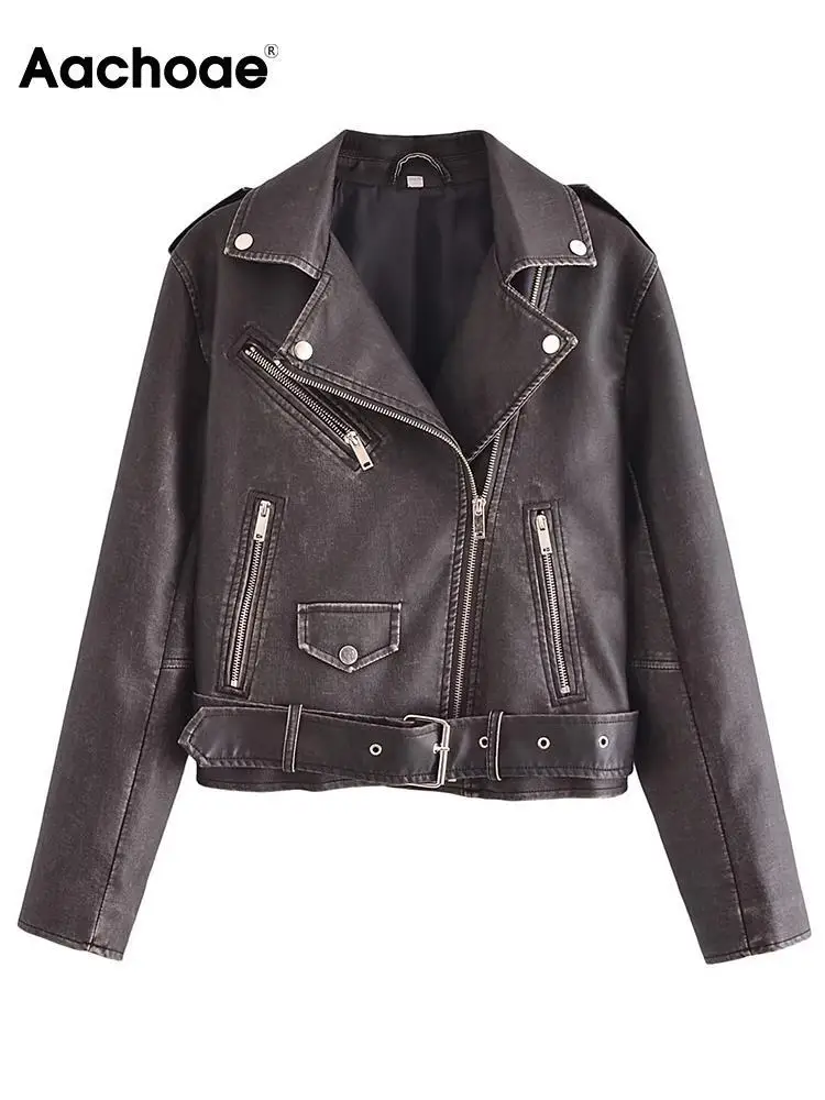 

Куртка женская из искусственной кожи, с отложным воротником и длинным рукавом