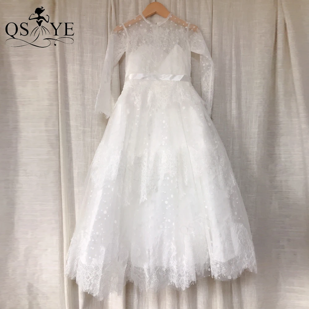 

Ivory Lace Flower Girl Dress A line Long Sleeves Tulle Princess Prom Child 6 Year-old Party High Neck Kids Pageant Gown