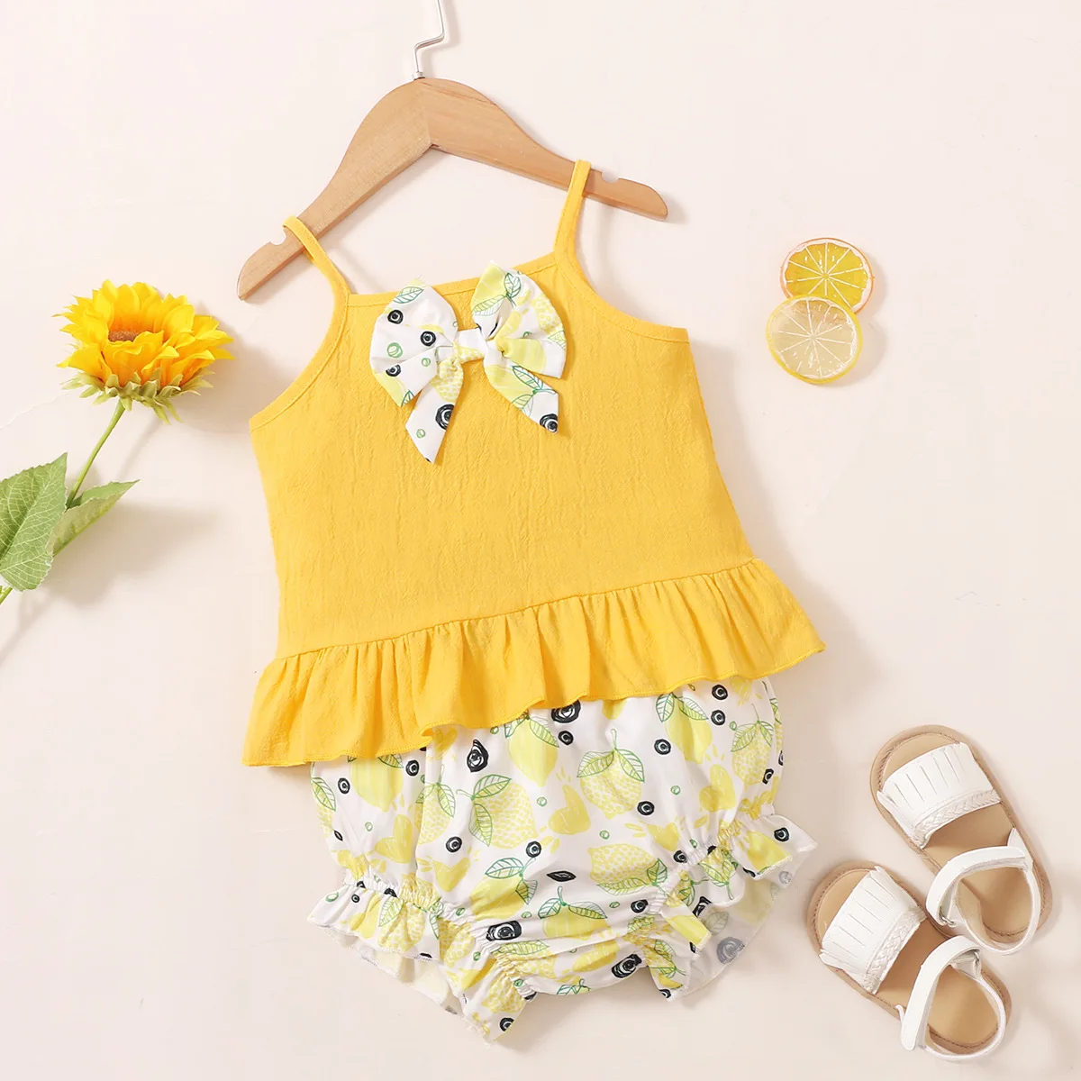

Infant Clothing Sets Baby Girl Clothes Toddler Solid Suspender Top + Lemon Print Shorts 2pcs Set Children Summer Casual Outfits