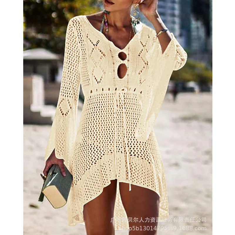 

Женская Элегантная Модная ажурная вязаная накидка, топ, пикантная Свободная рубашка бикини с длинными расклешенными рукавами и V-образным вырезом, одежда для плавания