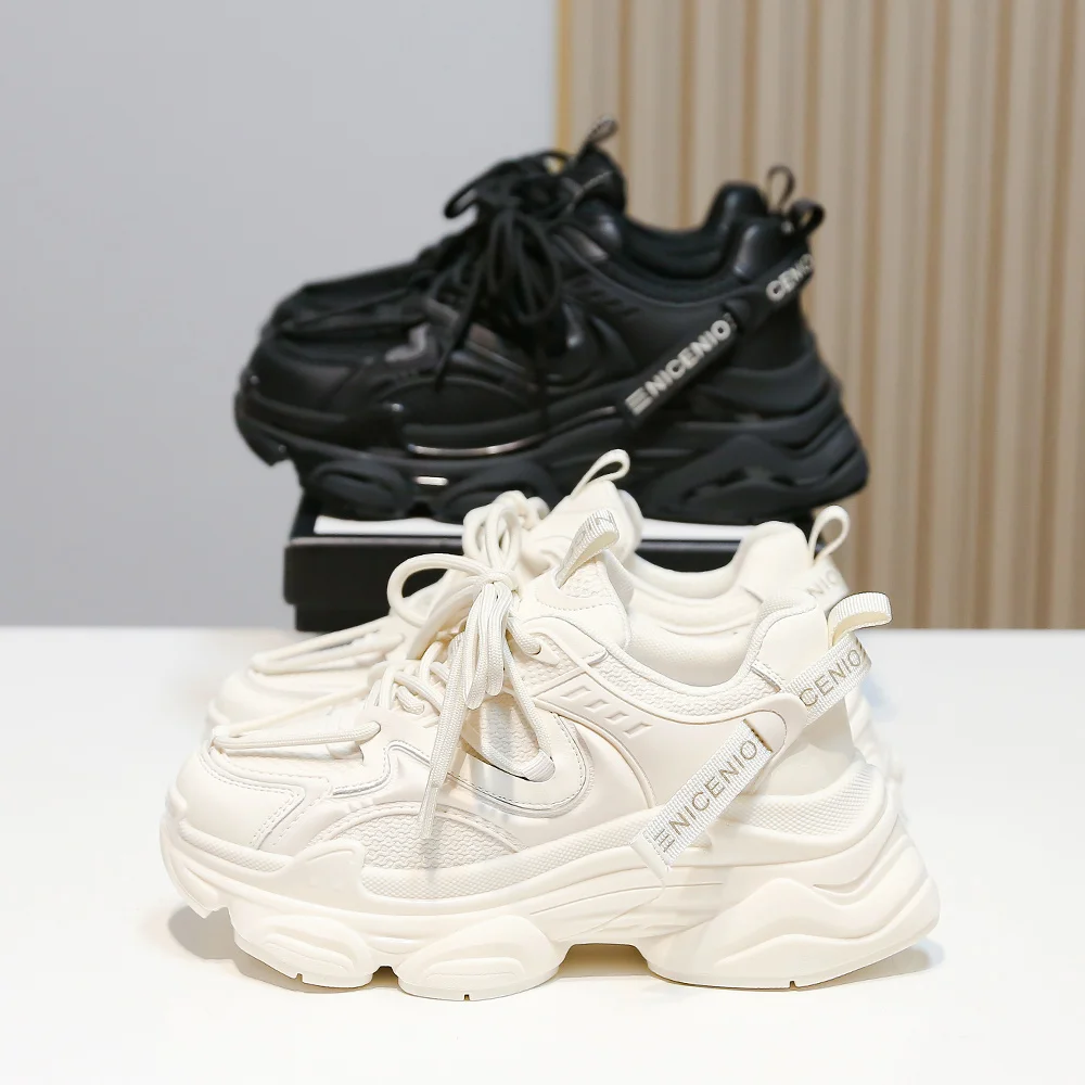 SOMILISS Women Chunky Platform Sneakers Genuine Leather Mesh Patchwork Lace Up Comfortable Ladies Fashion Casual Running Shoes