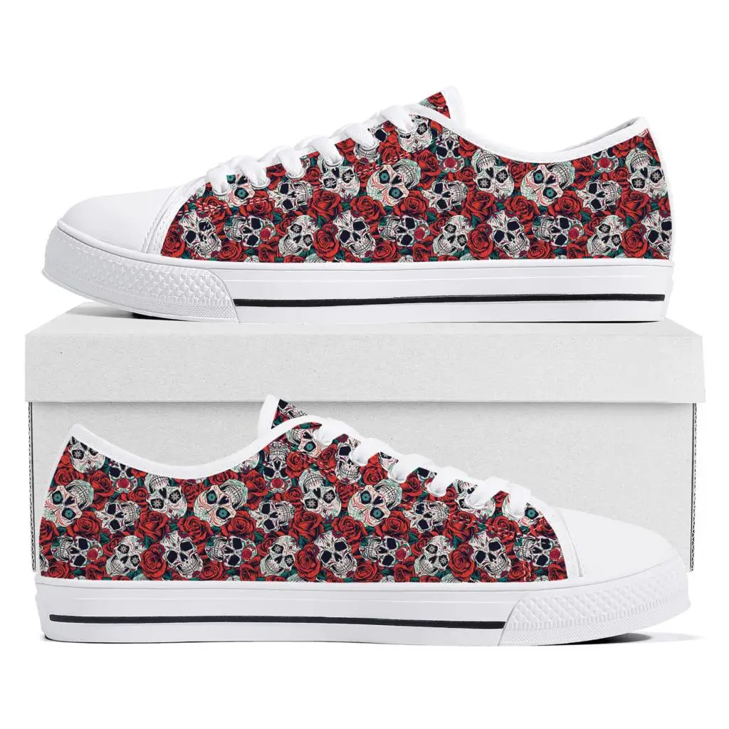 

Retro Sugar Skull Floral Printed Low Top Sneakers Mens Womens Teenager Canvas Sneaker Casual Custom Made Shoes Customize Shoe