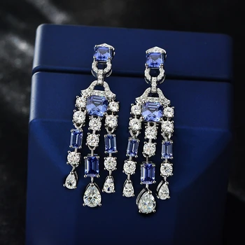 Lab Sapphire Ruby - Carbon Diamonds Gemstone -Tassel Drop Dangle Earrings 2