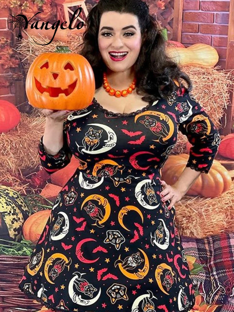 

Yangelo Gothic Moon Print Dress Sexy Lace Mini Dress Grunge Dark High Waist Slim Long Sleeve Dress Halloween Party Costume