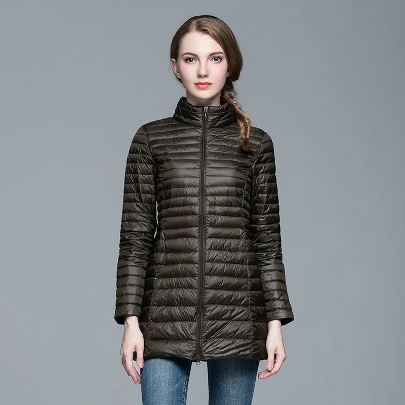 Autumn Winter Down Jacket Women Medium Length Stand Collar Slim Warm White Duck Down Jacket