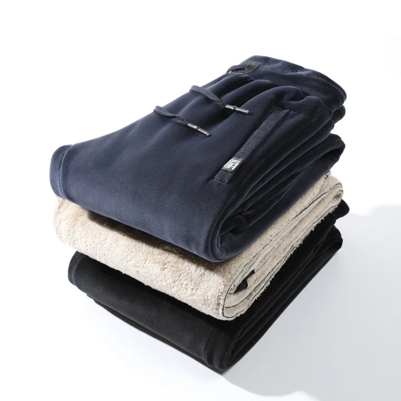 

New Winter Fleece Thick Corset Sweatpants Men's Long Track Pants Lamb Fleece Straights Loose Plus-Size Sports Thermal Guardpants