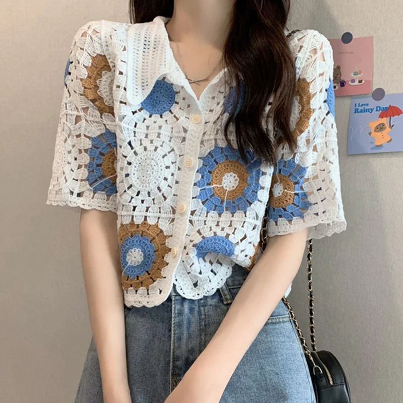 

Cut Out Knitting Short Sleeve T-Shirt Design Hook Flower Hollow Beautiful Woman Blouse Elegant Loose Casual 2022 New Summer Top
