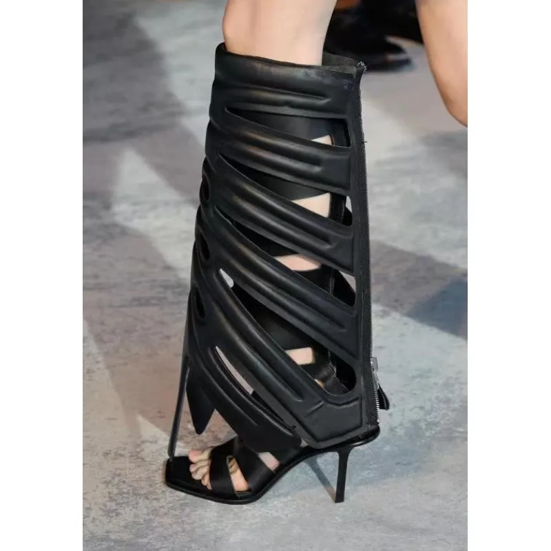 

Женские ажурные сапоги до колена, модельные сапоги на высоком квадратном каблуке, обувь на молнии без застежки, весна-осень 2023