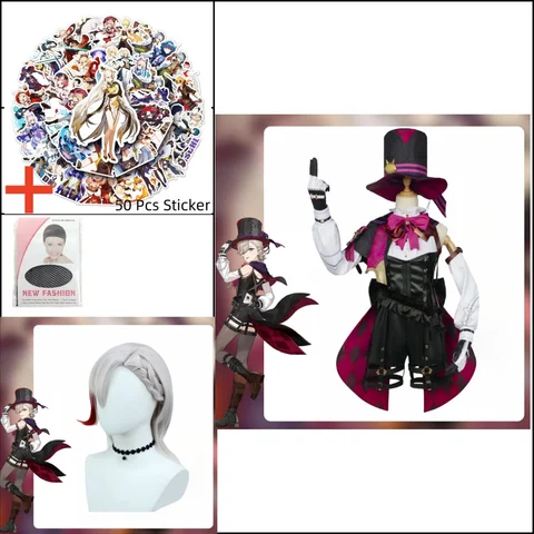 Женский костюм для косплея Genshin Impact Lyney, парик, шляпа в комплекте, платье от волшебника, юбка с короткими волосами, перчатка, наряд