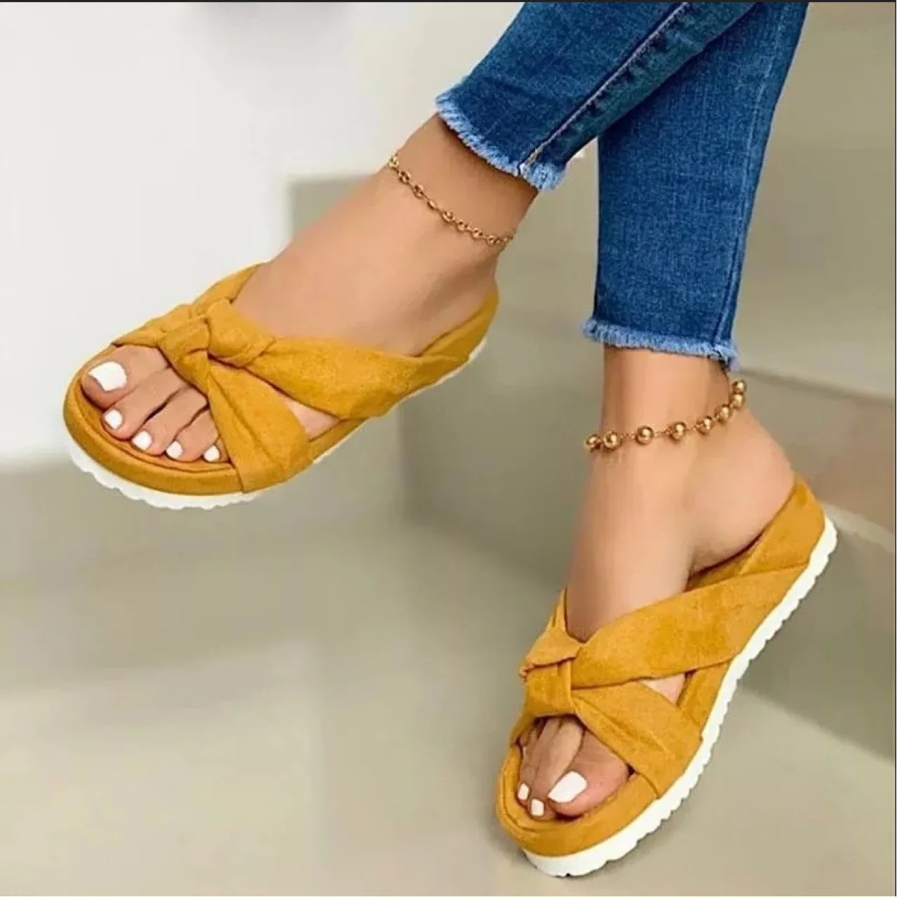 

2022 Women Flock Knot Slippers Female Casual Open Toe Slides Ladies Summer Platform Flat Women's Comfortable Shoes Plus Size