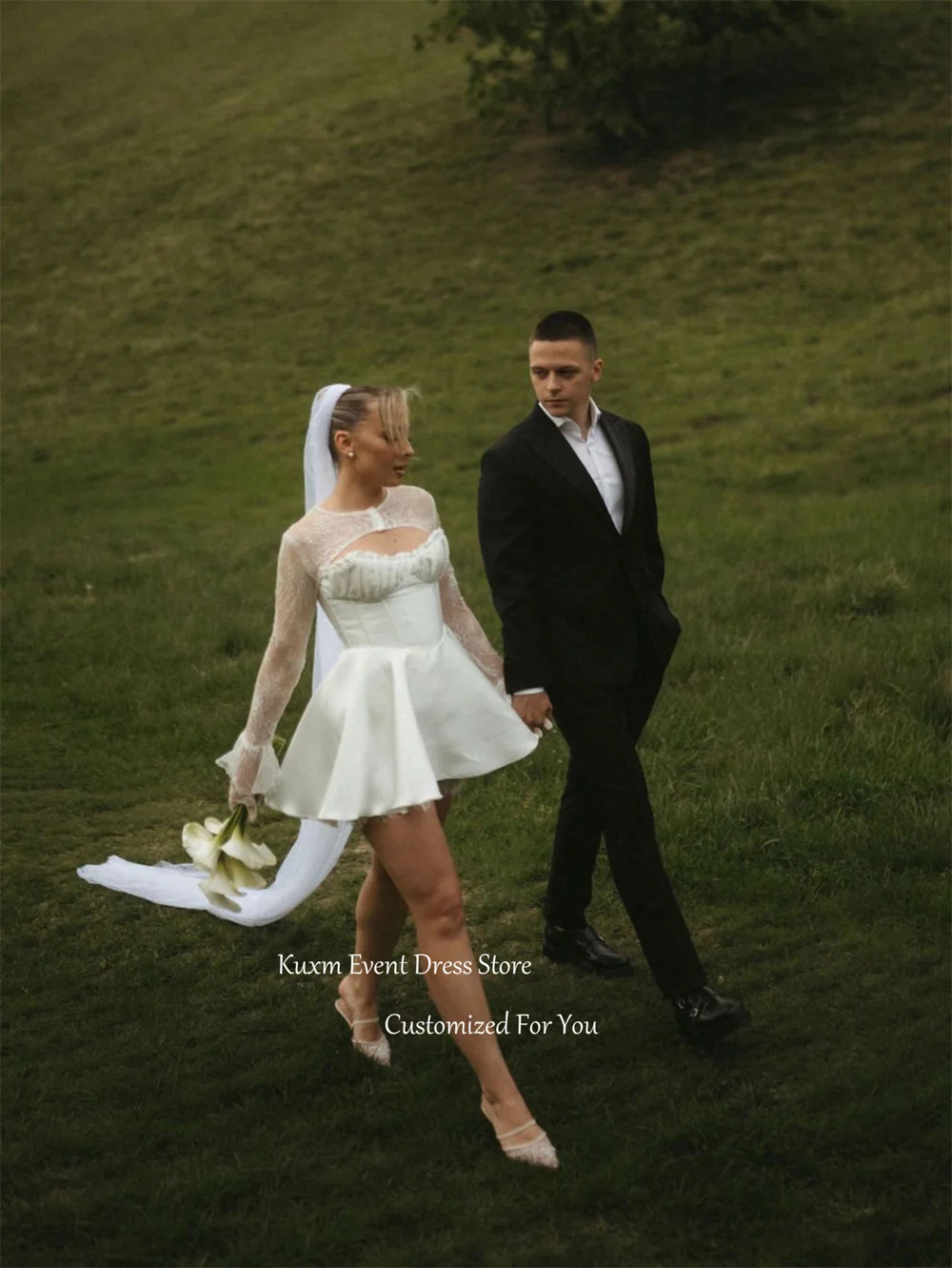 Свадебное платье Kuxm White Sweetheart A-Line без рукавов из атласа с кружевными аппликациями, короткое, для свадебной вечеринки, на заказ (art.: 3920db151ae39) - 3920db151ae39