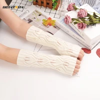 womens arm warmer knitted leaves pattern mid length warm arm sleeve long fingerless gloves mitten oversleeve half finger gloves