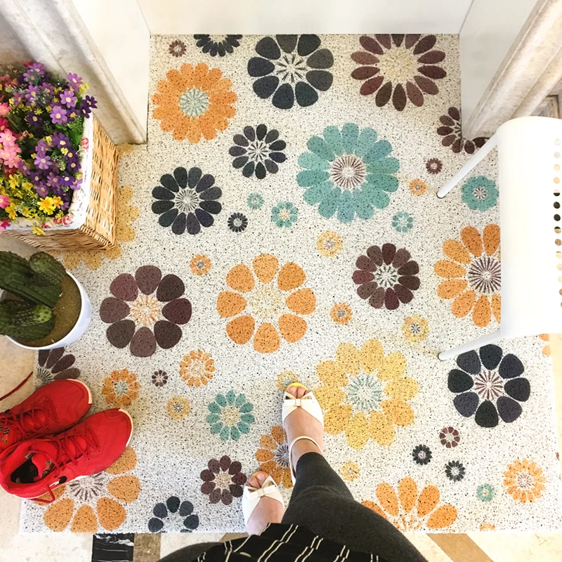 

Fresh multi-color pastoral flowers dust removal cuttable PVC carpet entrance doormat footpad kitchen bathroom floor non-slip rug