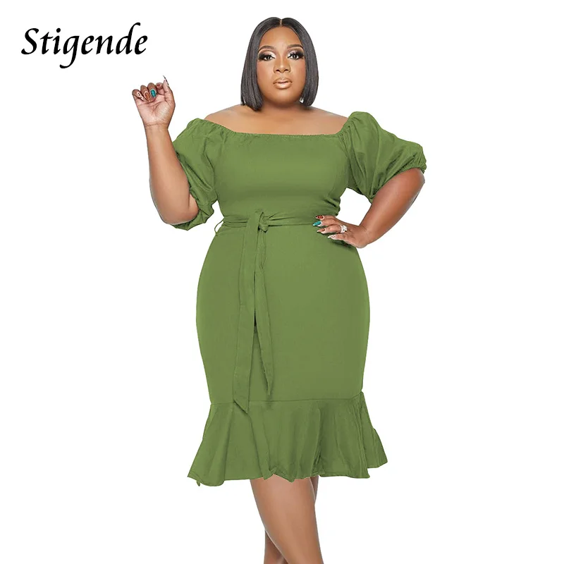 

Stigende Women Sexy Off Shoulder Mermaid Midi Dress Summer Slash Neck Trumpet Dress Bandage Short Sleeve Bodycon Elegant Dress