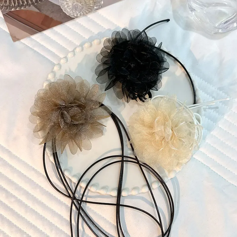 Goth Lace Big Flower Clavicle Chain Necklace for Women Romantic Exaggerated Kpop Adjustable Bowknot Choker Dinner Party Jewelry