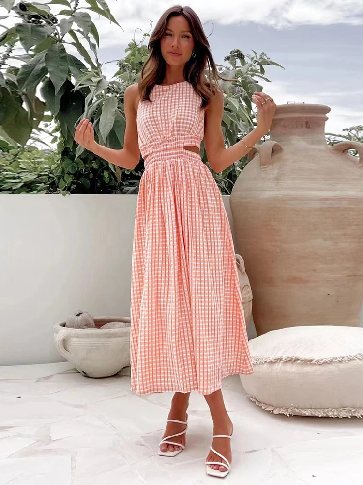 

Delocah High Quality Summer Women Fashion Designer Midi Dress Sleeveless Sexy Backless Elastic Waist Solid Color A-Line Dresses