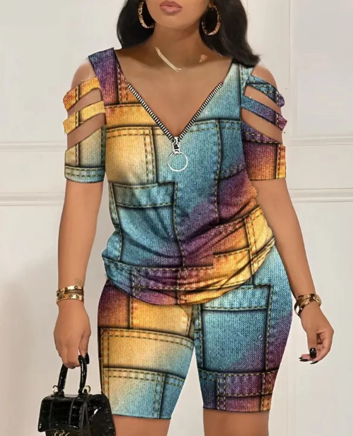 

Summer Printing Two Piece Set Women Casual V-neck Hollow Short Sleeve Zipper Tshirt Shorts Sporty Style 2 Piece Set Women