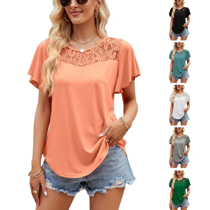 Lacy O-Neckline Daily Jokers Shirts Ruffle Sleeves Lotus-Loose Fit Blouses