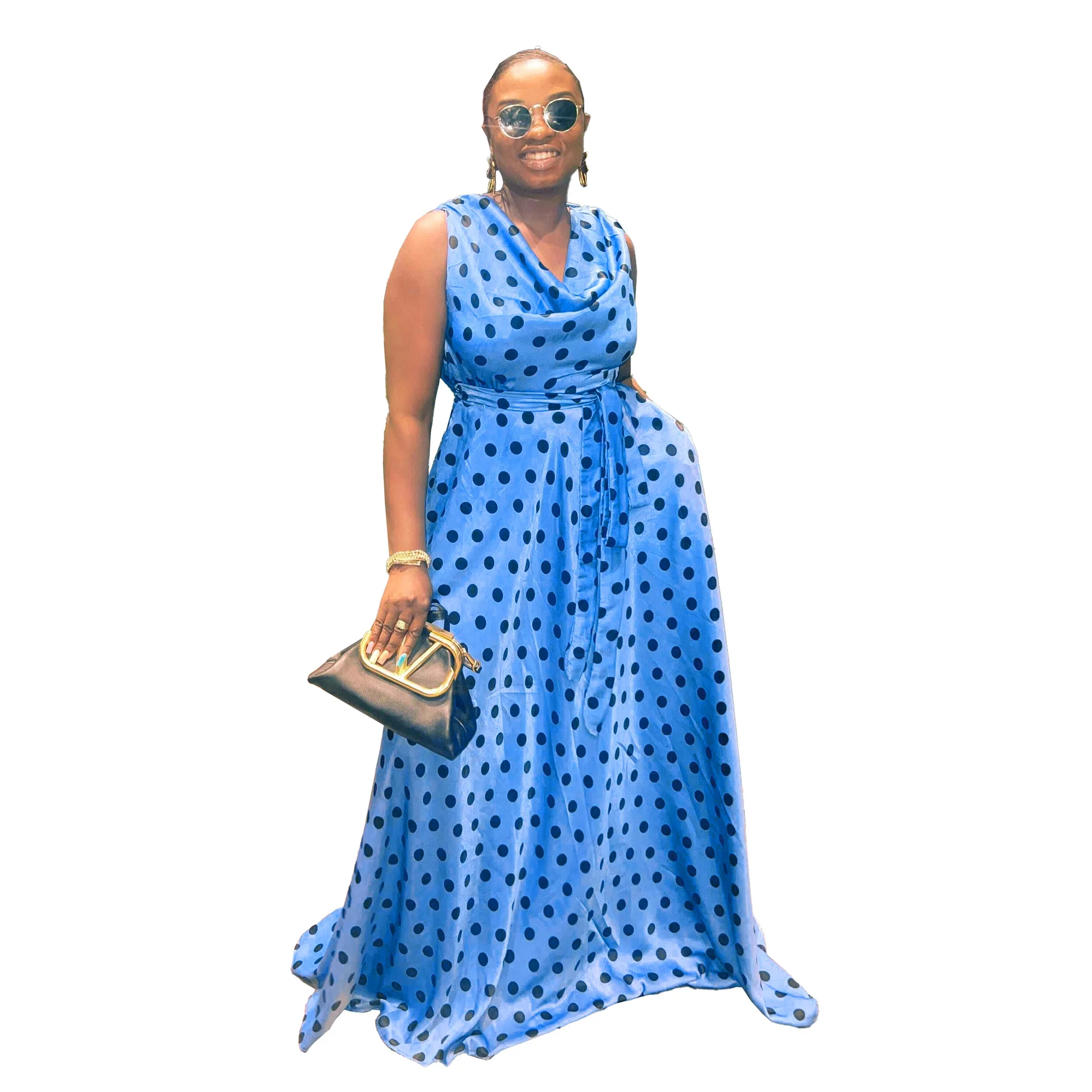 Plus Size Women Clothing Sexy Slim Fit Polka Dot Print Party Dresses Large Strap Waist Fold Floor Dress Sleeveless High Waisted